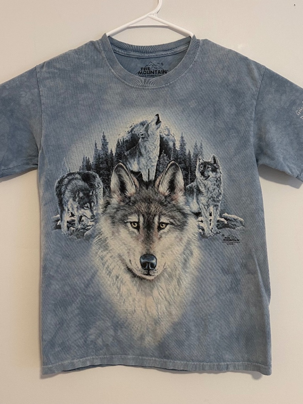 Men's The Mountain Wolf Print T-Shirt Small Blue Tie Dye Y2K Short Sleeve